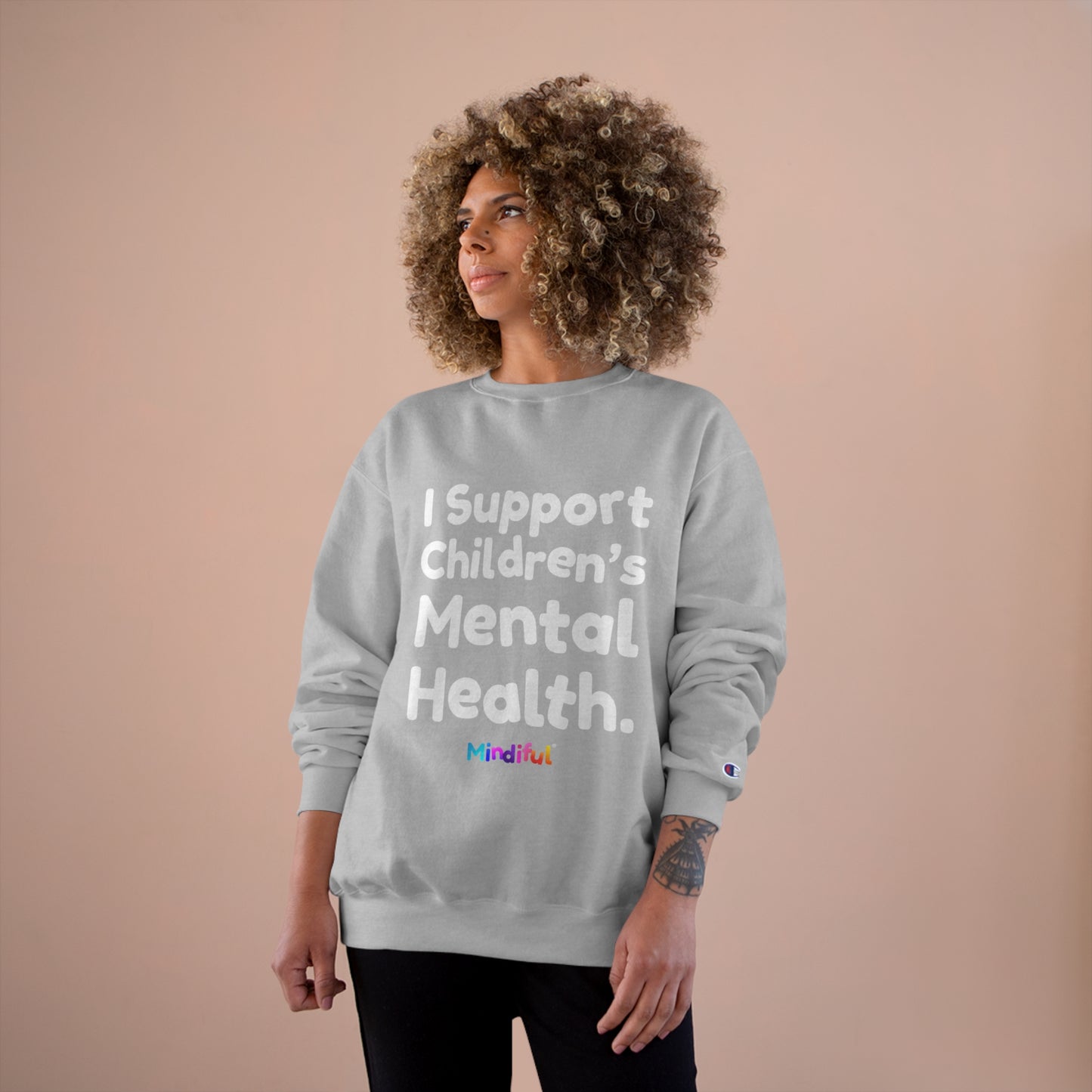 Mindiful® "I Support Children's Mental Health" Black White Text Champion Crewneck Sweatshirt