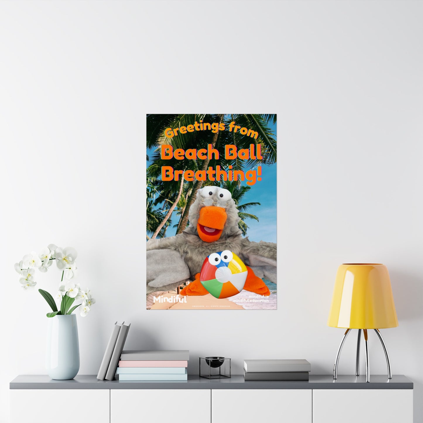 Mindiful® "Greetings from Beach Ball Breathing" Grey Bird Matte Vertical Poster