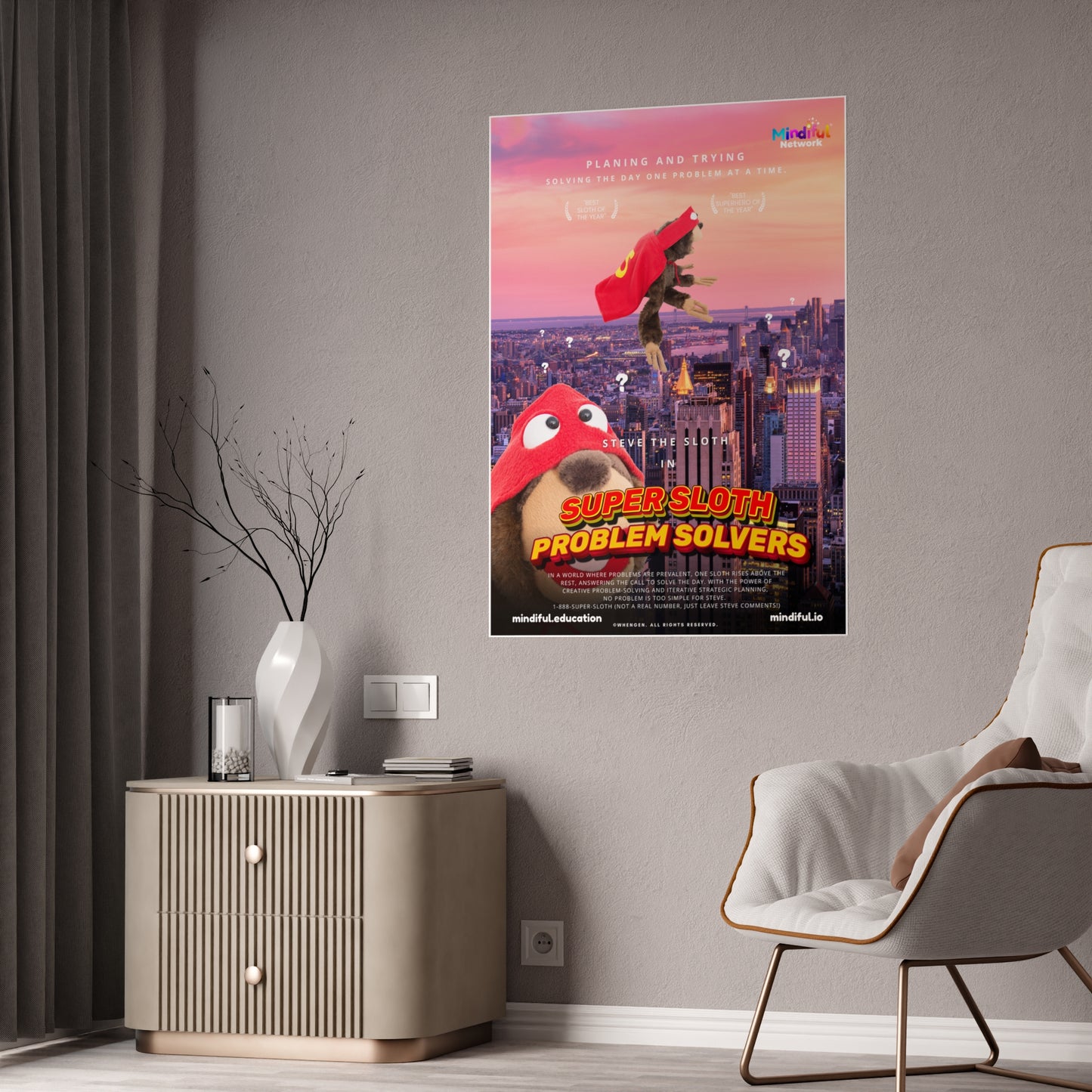 Mindiful® "Super Sloth Problem Solvers Cityscape Movie" GLOSSY Poster