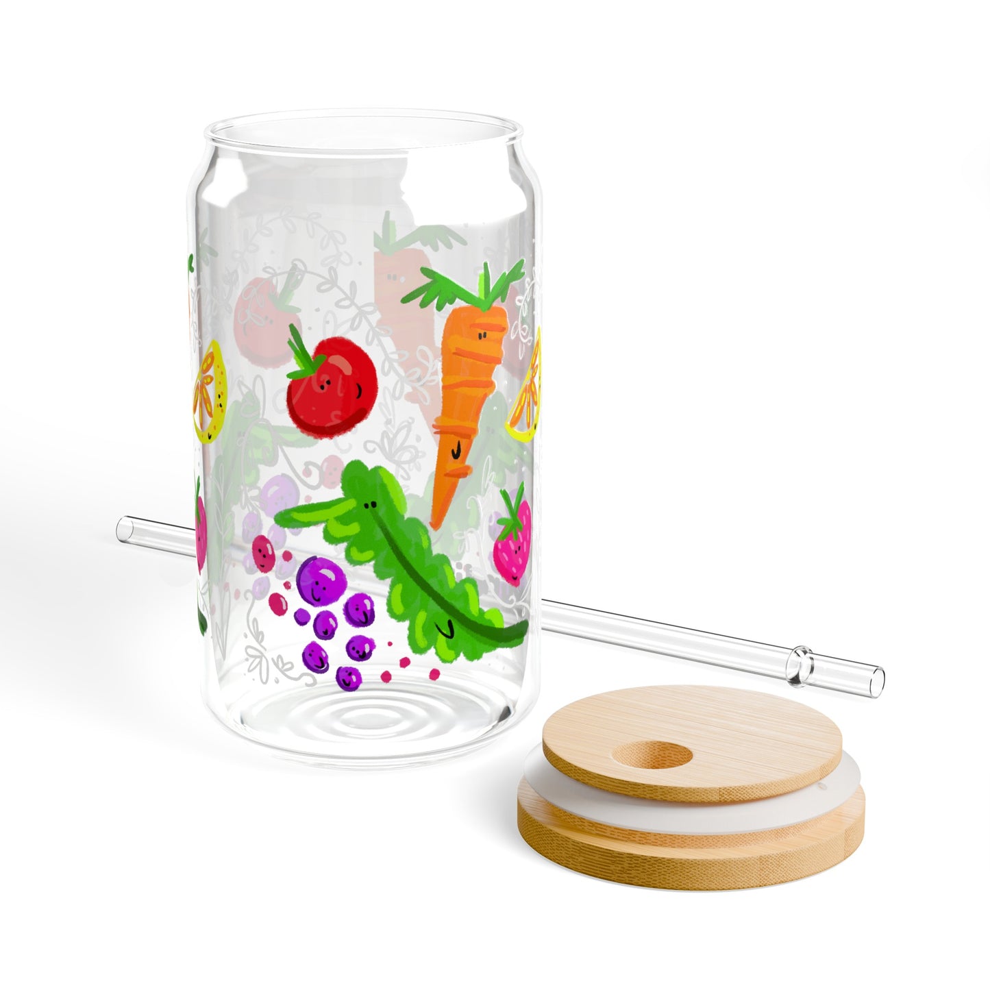 Silly Sippers GLASS with or w/o Straw, 16oz - Happy Fruit and Veg