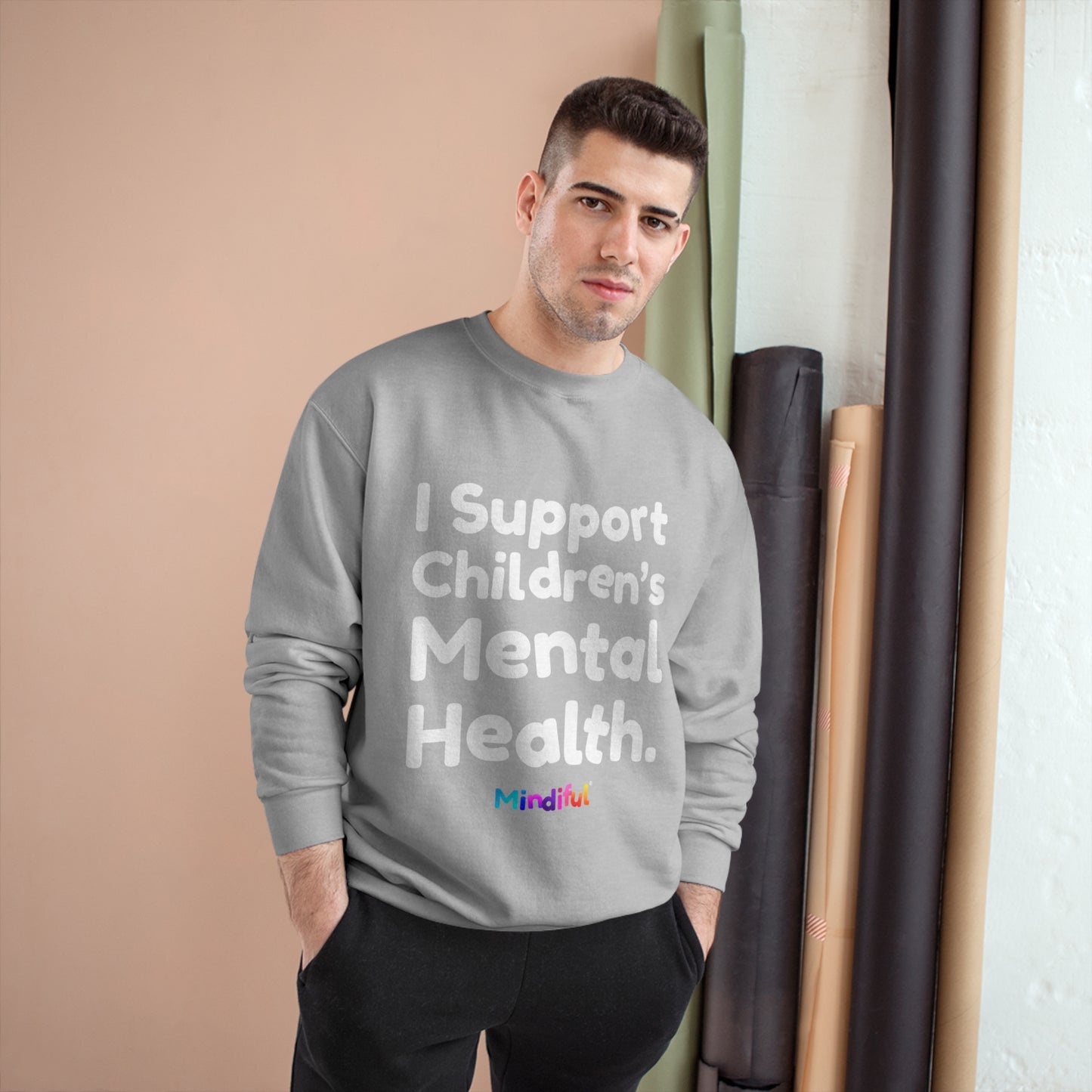 Mindiful® "I Support Children's Mental Health" Black White Text Champion Crewneck Sweatshirt