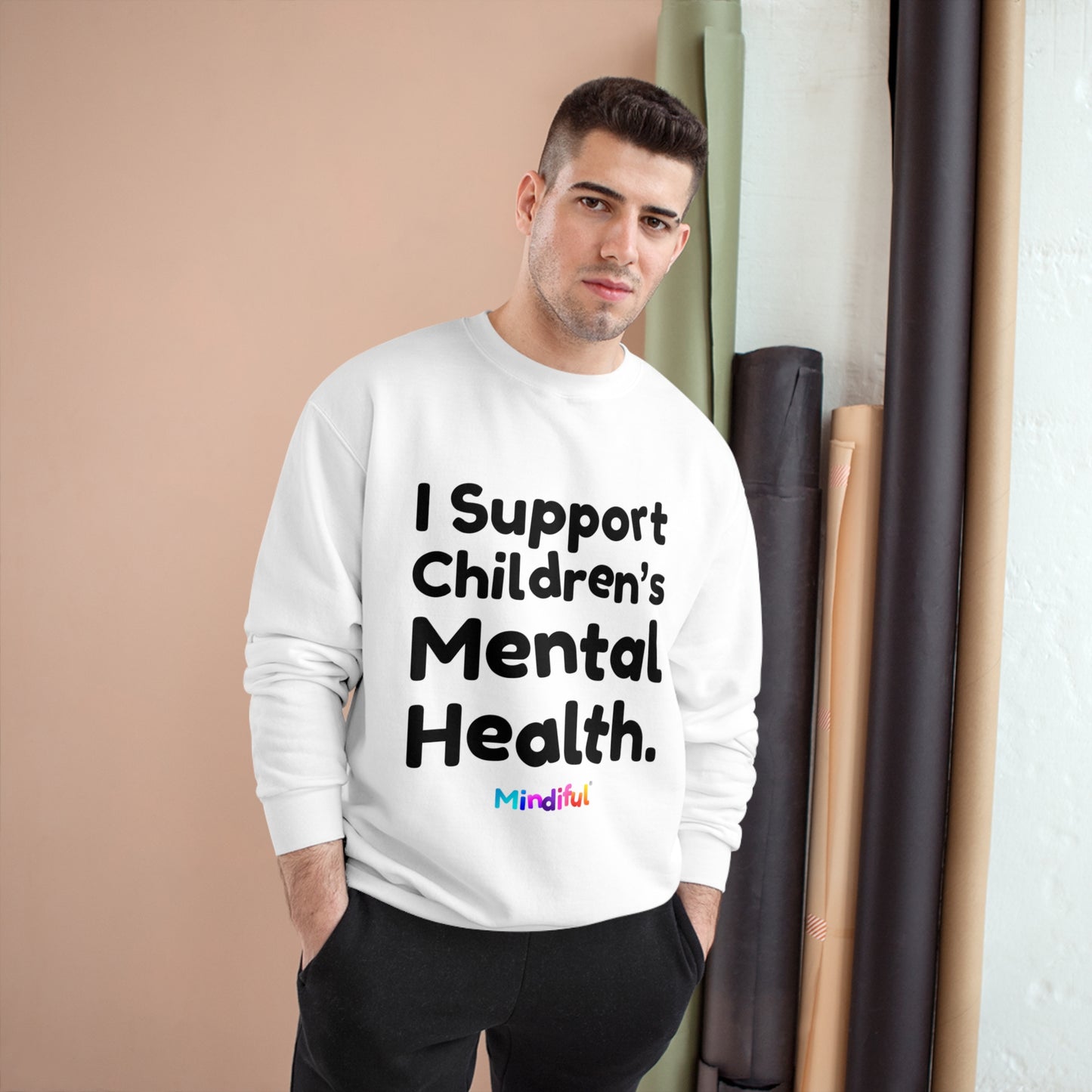 Mindiful® "I Support Children's Mental Health" White Black Text Champion Crewneck Sweatshirt