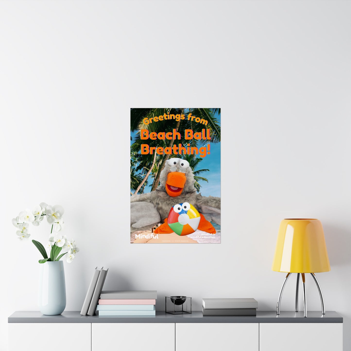 Mindiful® "Greetings from Beach Ball Breathing" Grey Bird Matte Vertical Poster