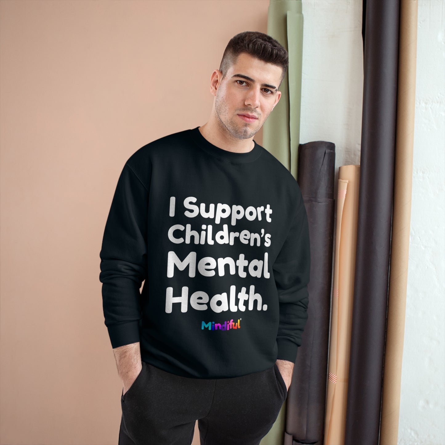 Mindiful® "I Support Children's Mental Health" Black White Text Champion Crewneck Sweatshirt