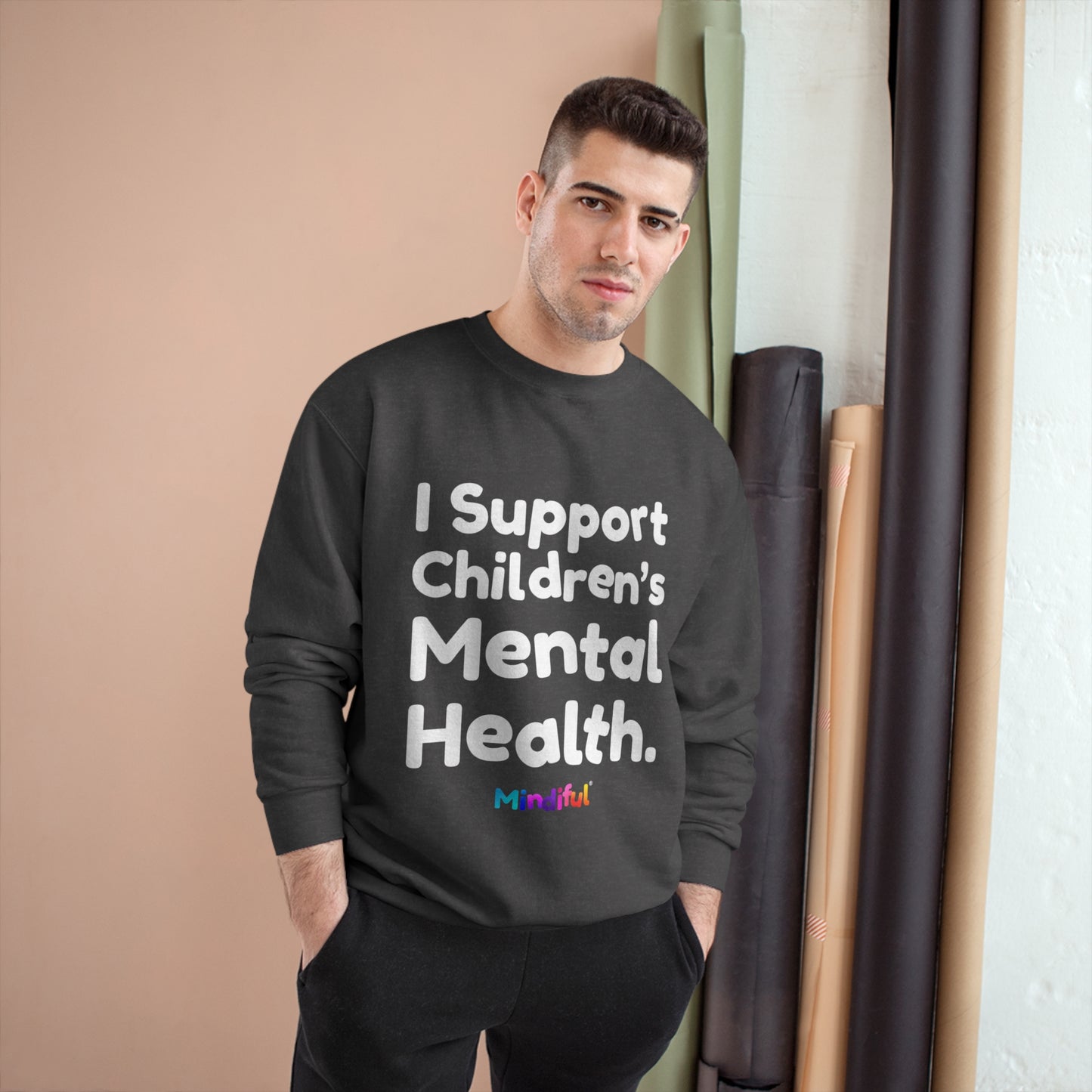 Mindiful® "I Support Children's Mental Health" Black White Text Champion Crewneck Sweatshirt