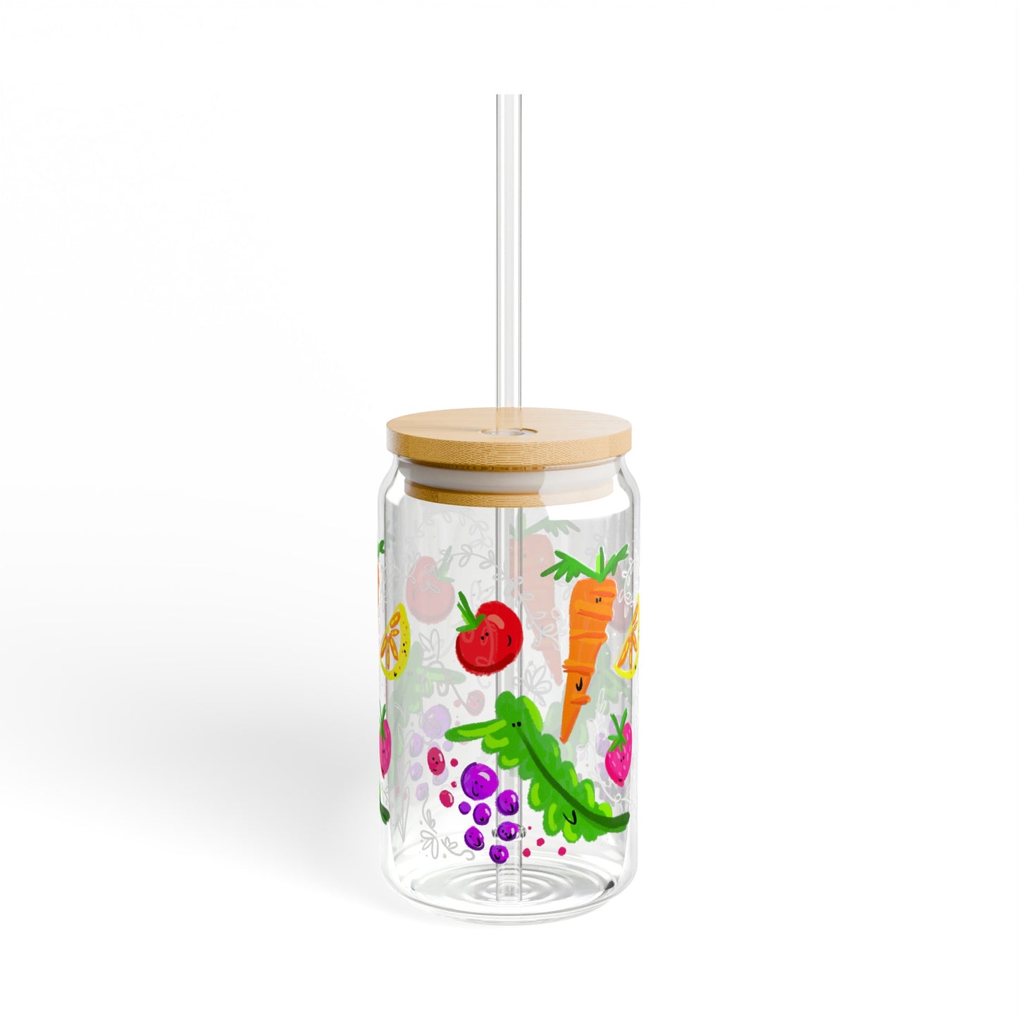 Silly Sippers GLASS with or w/o Straw, 16oz - Happy Fruit and Veg